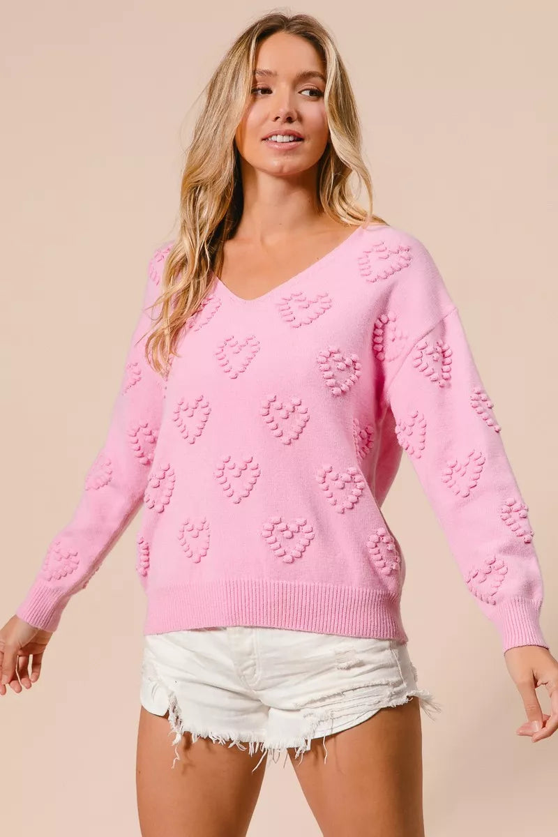 Valentines Heart Pompom V Neck Knit Top