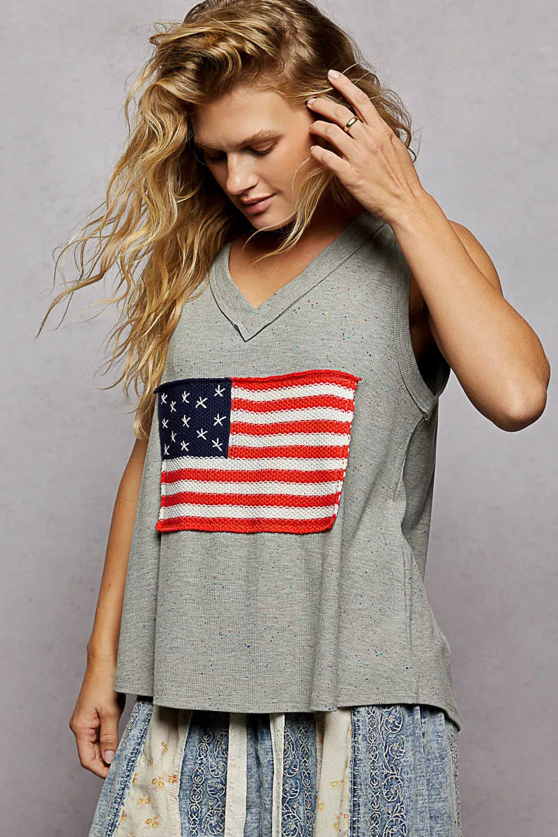 V-Neck Ribbed Tank with American Flag Patch and Star Back Patch