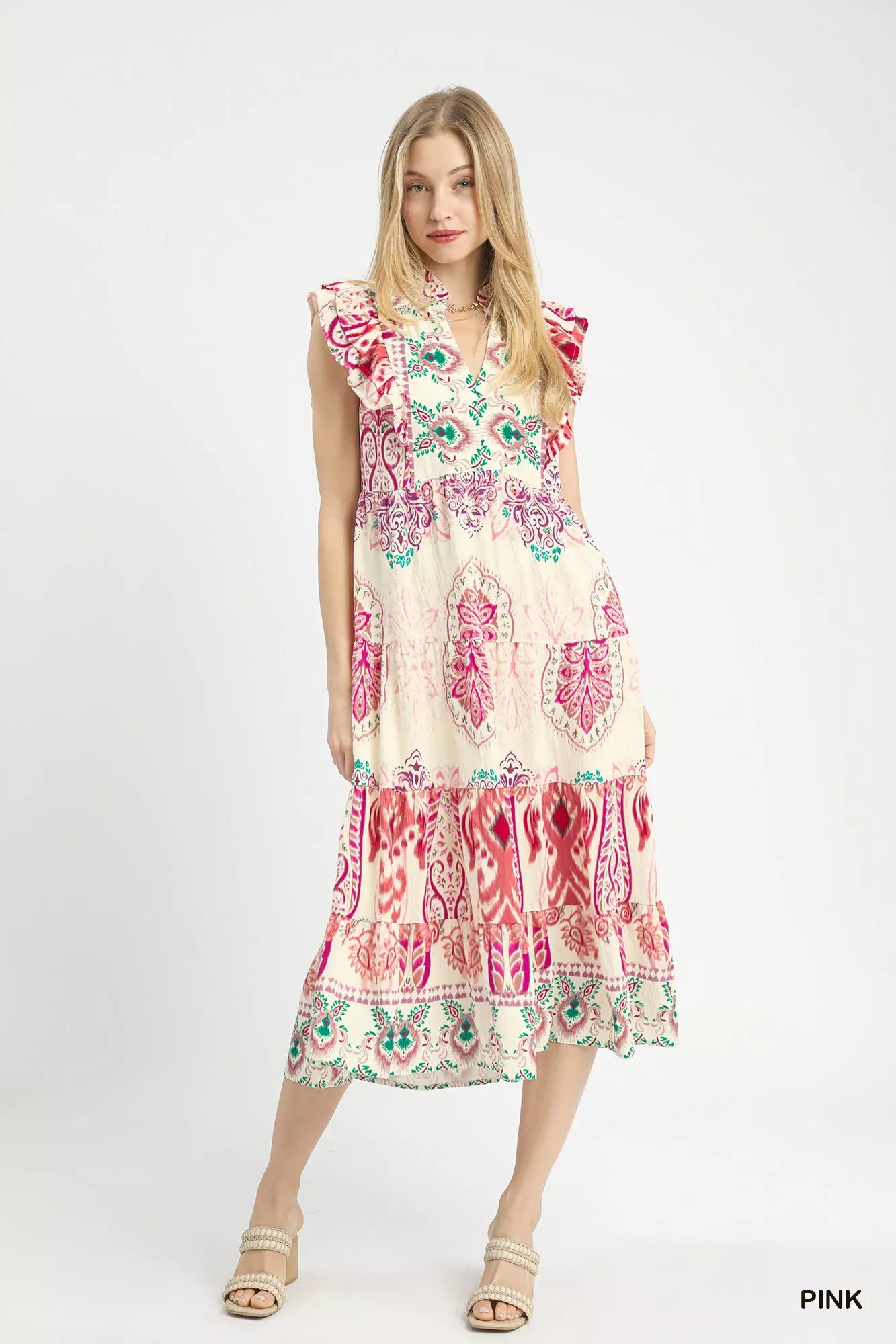 Boho Boarder Print Ruffle Midi Dress