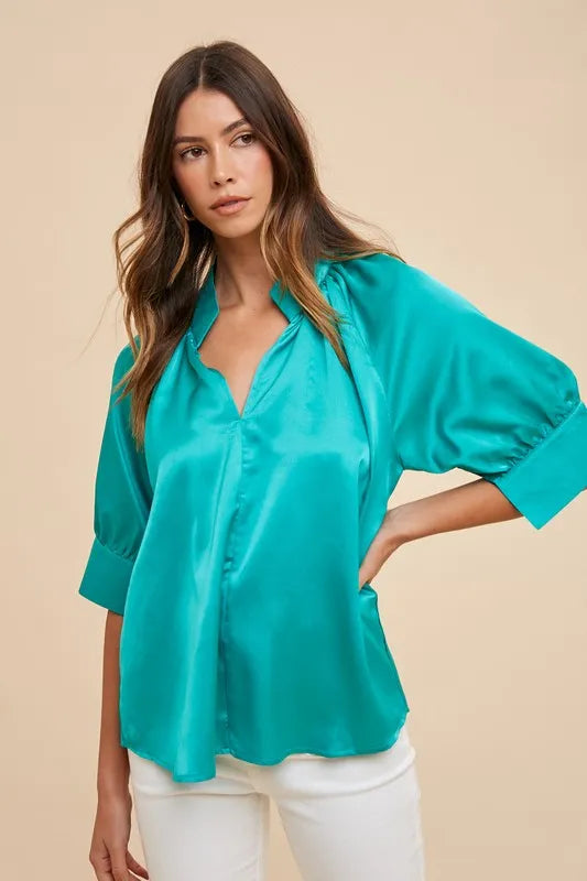 Satin V Neck Open Short Sleeve Woven Blouse Top
