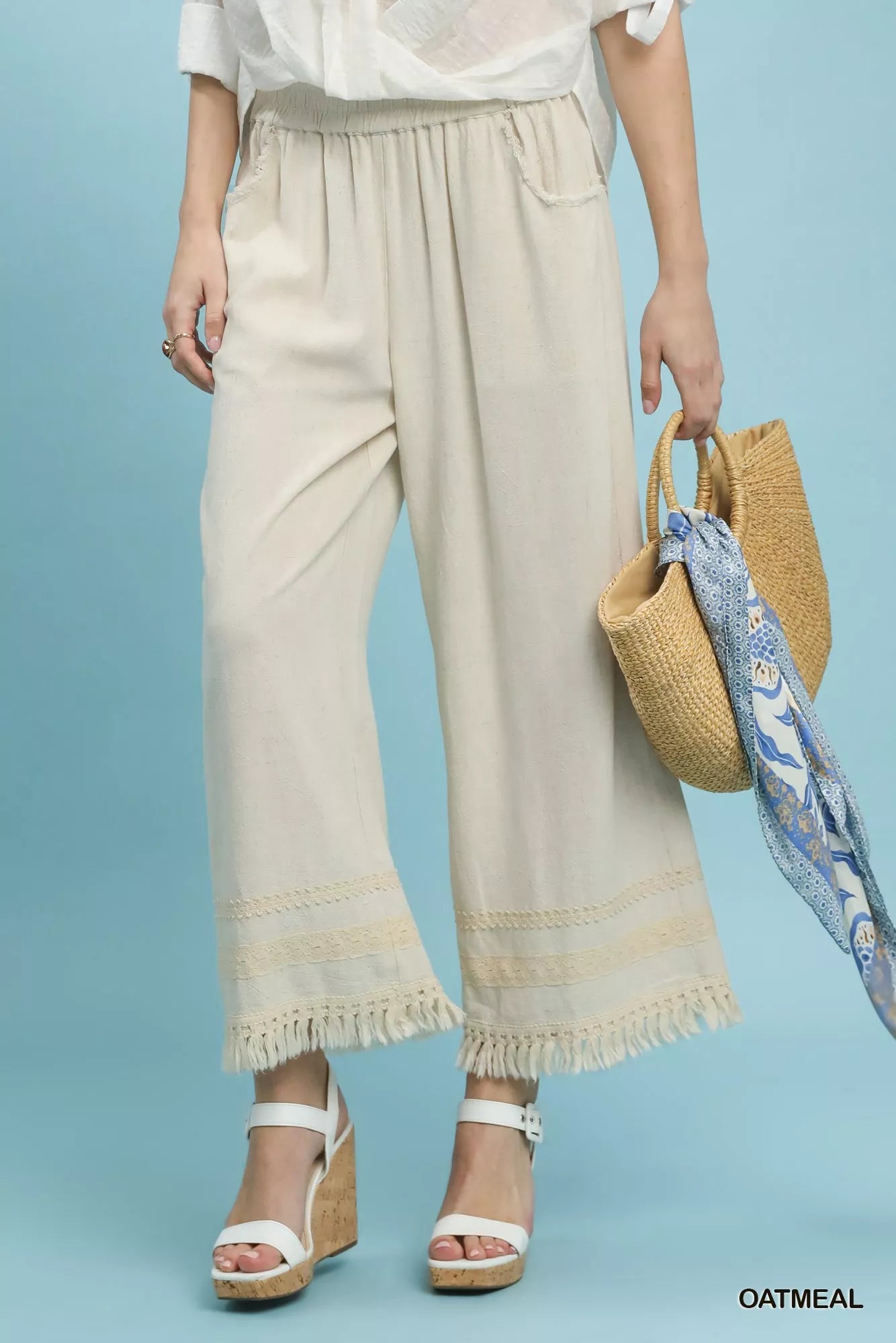 Lace Trim Fringe Hem Wide Leg Pants