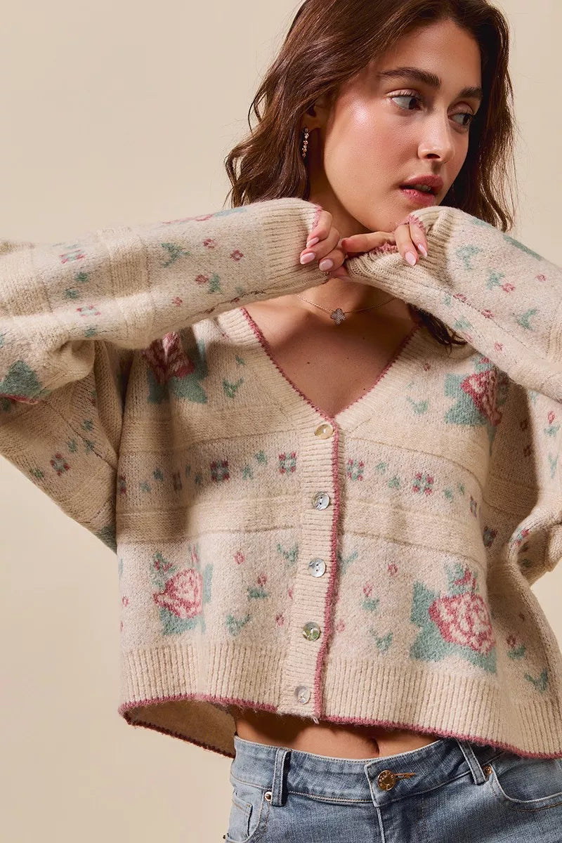 Floral Pattern Long Sleeve Button Sweater Cardigan