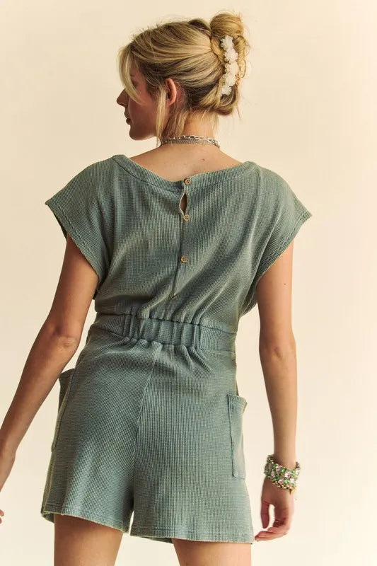 Acid-Washed Waffle Knit Cuffed Sleeves Romper