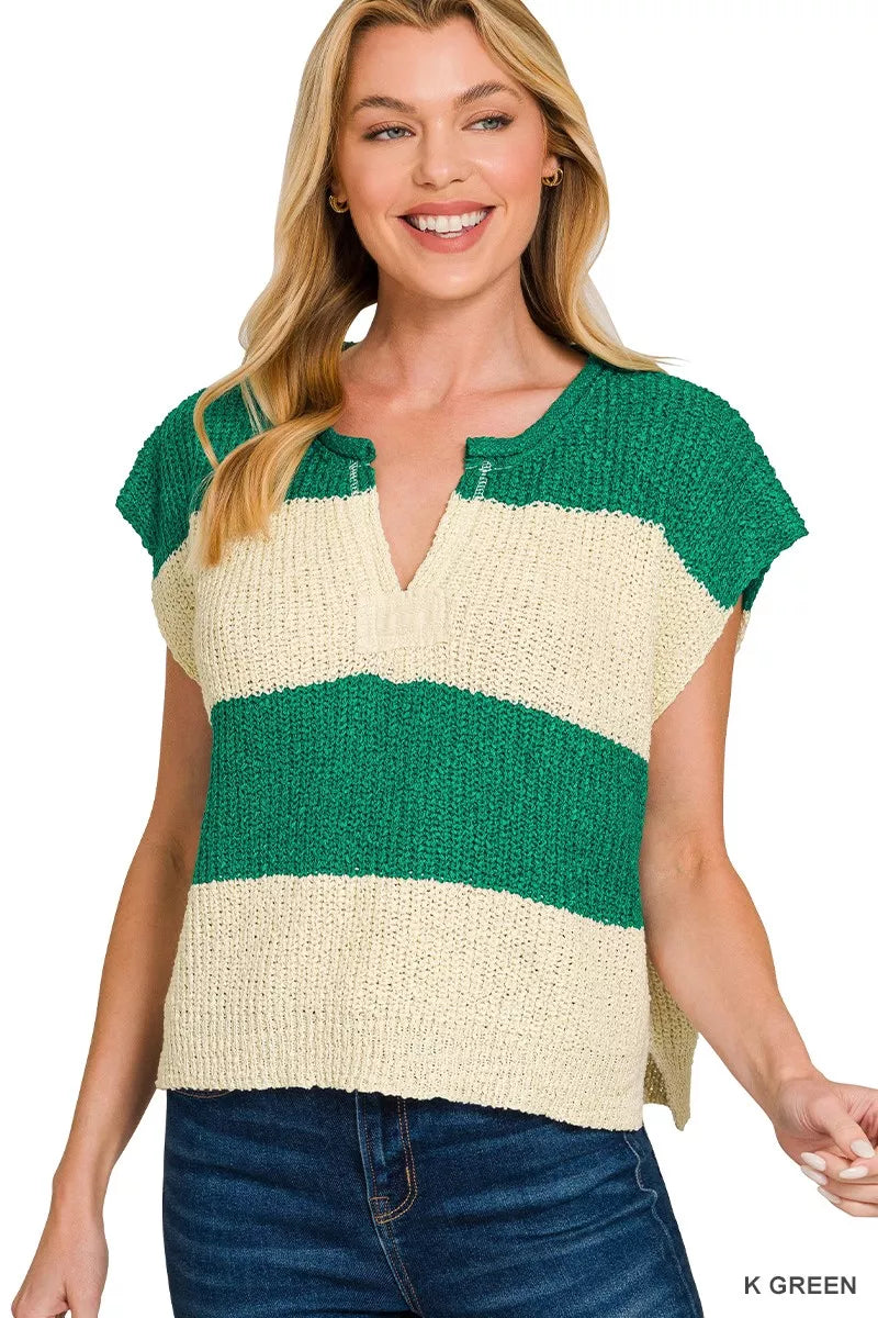 Split Neck Sleeveless Stripe Sweater
