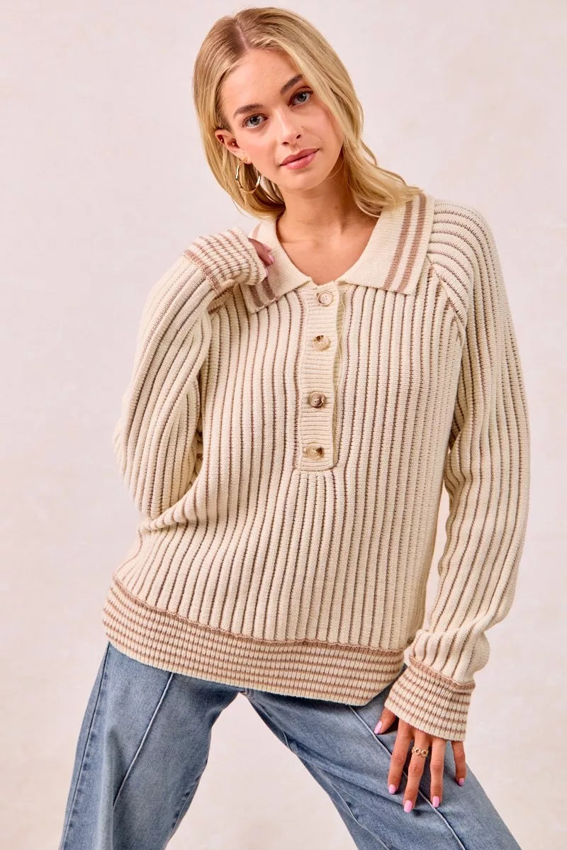 Half Button Ribbed Two Tone Sweater
