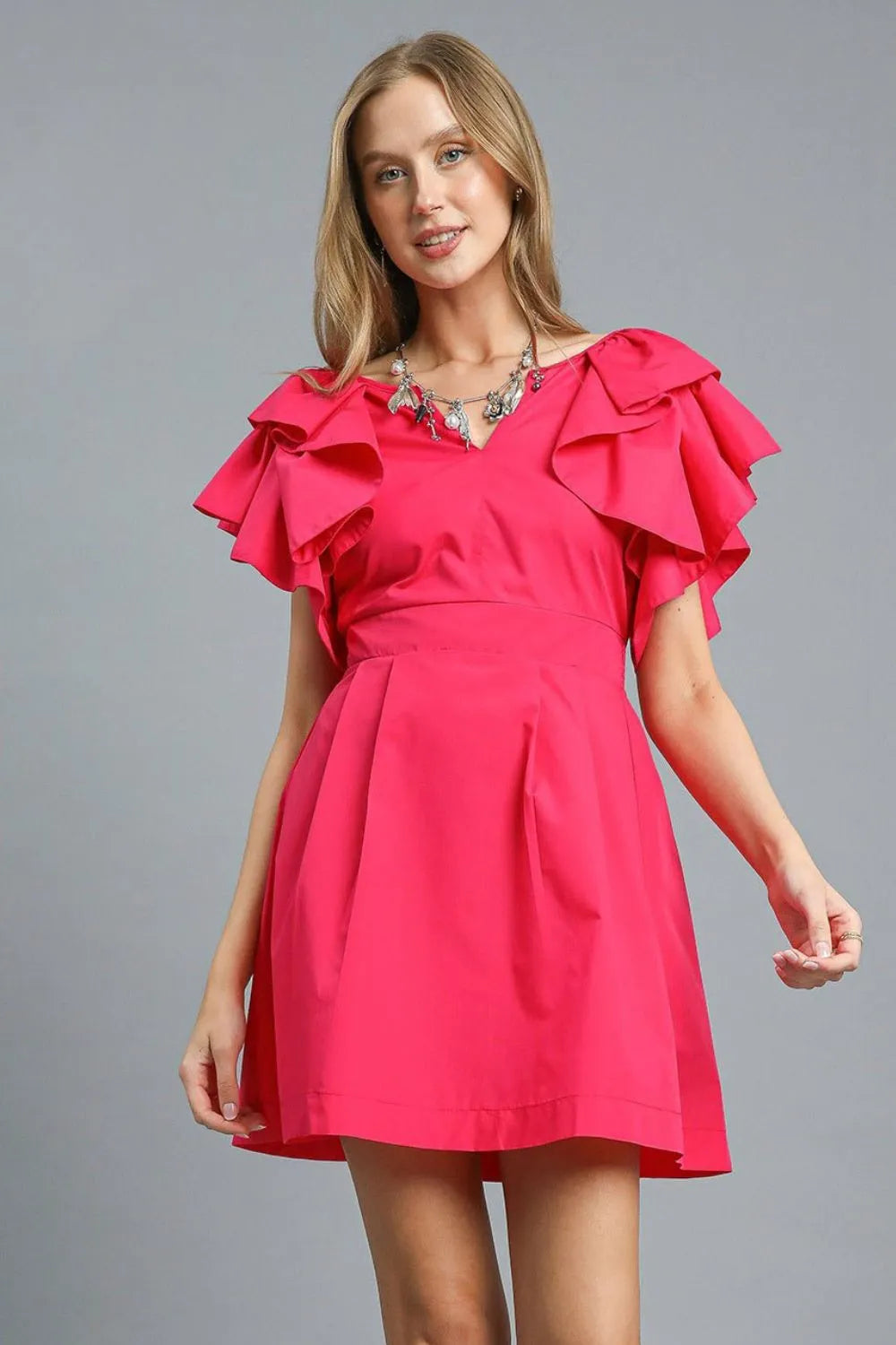 Double Ruffle Sleeve Fit and Flare Dress