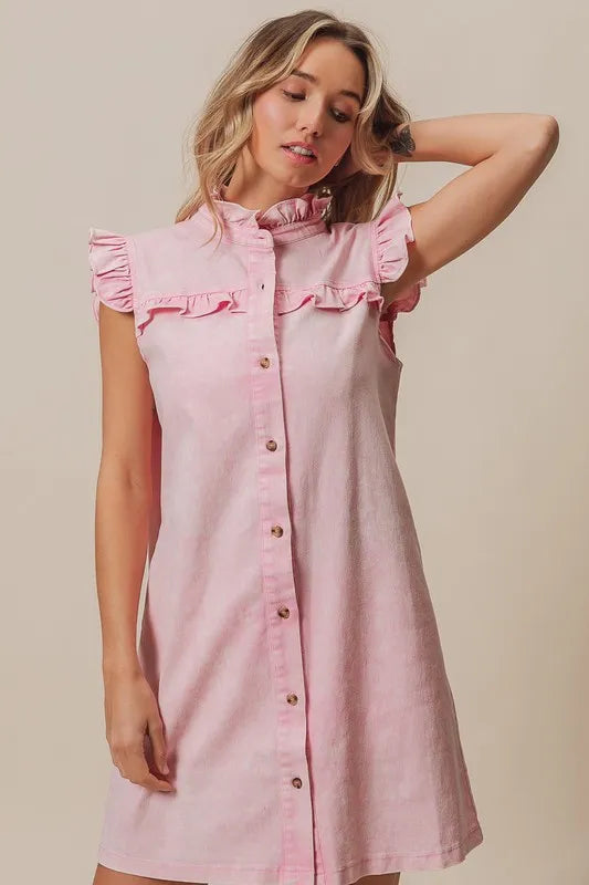 Washed Button Down Ruffled Cap Sleeve Denim Dress
