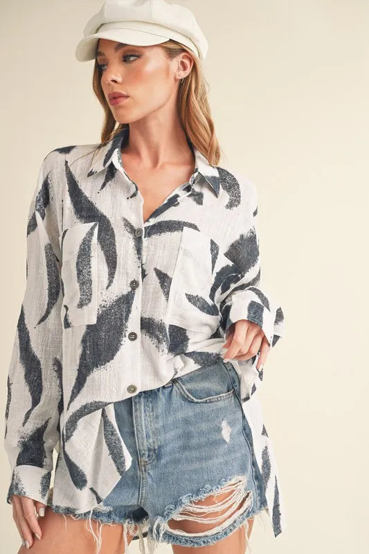 High-Low Printed Button Up Long Sleeve Shirt