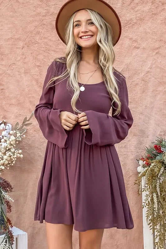 Back Lace Button Down Detail Bell Sleeve Dress