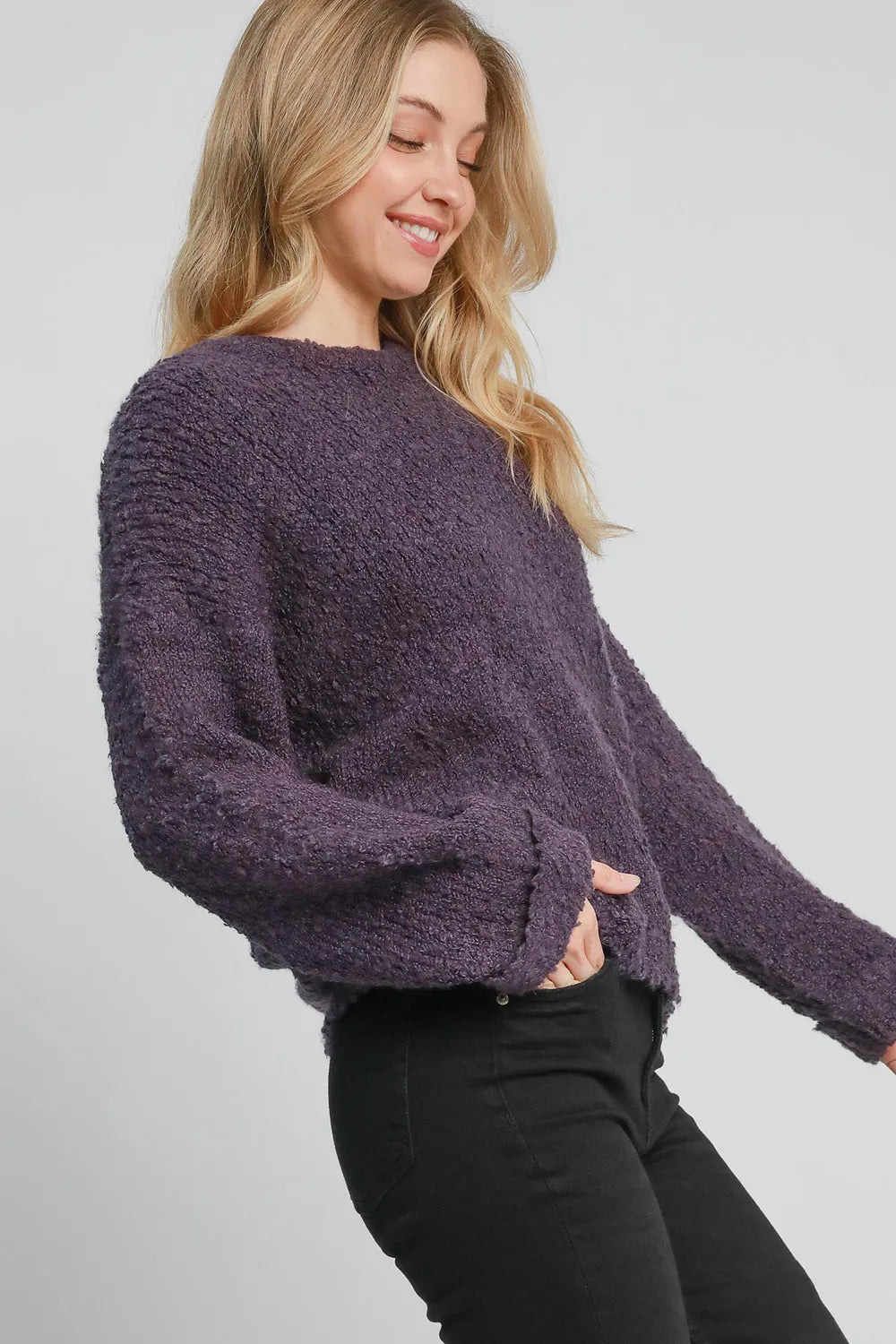 Full Size Round Neck Long Sleeve Boucle Sweater Plus Size