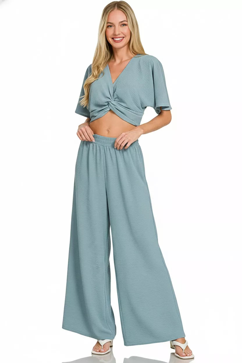 Woven Airflow Twisted Top & Wide Leg Pants Set