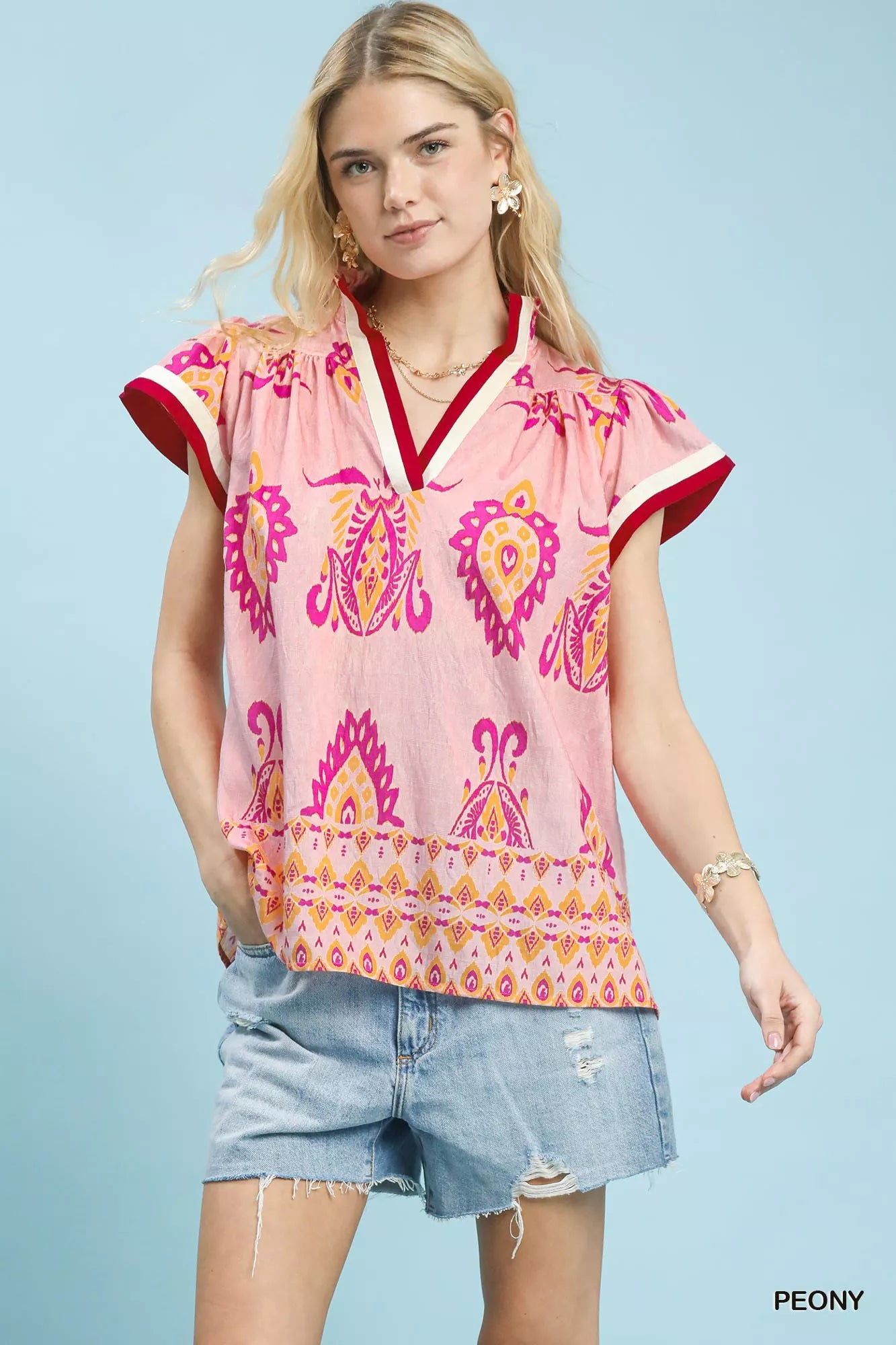 Border Print Split-Neck Boho Top