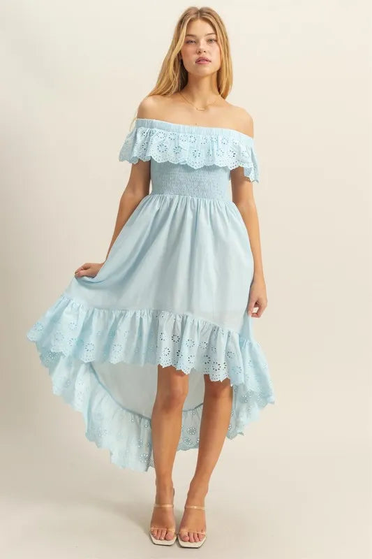 High-Low Eyelet Ruffled Off-Shoulder Dress