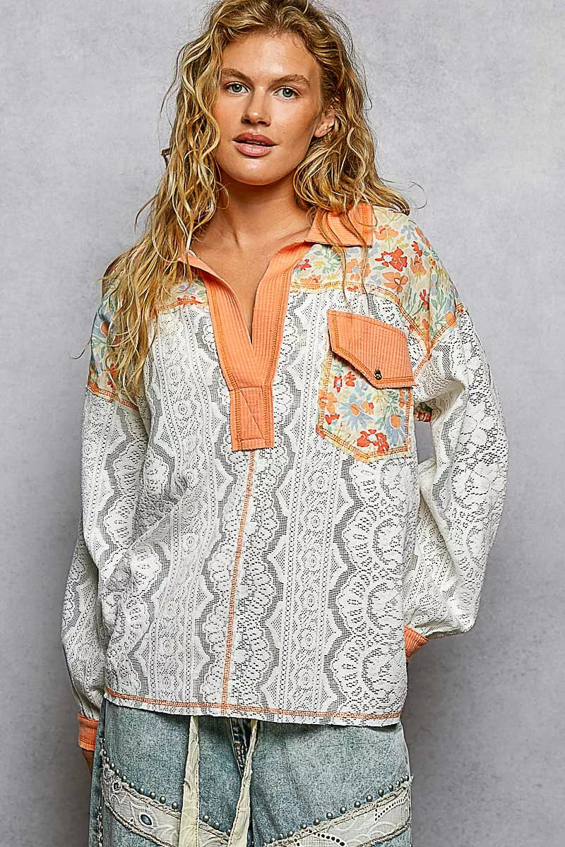 Floral Print Long Sleeve Lace Shirt with Front Pocket