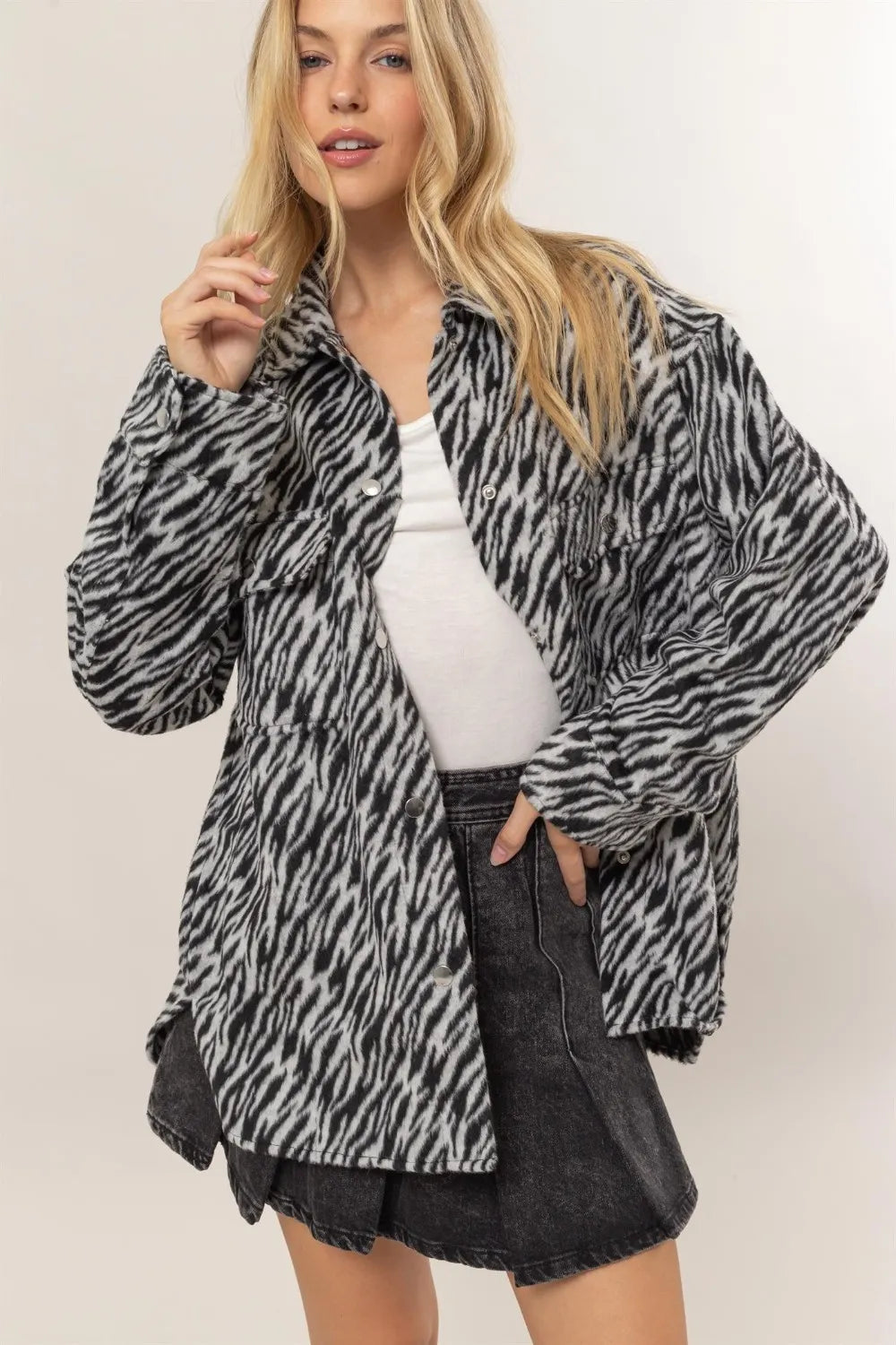 Zebra Print Snap Down Long Sleeve Shacket