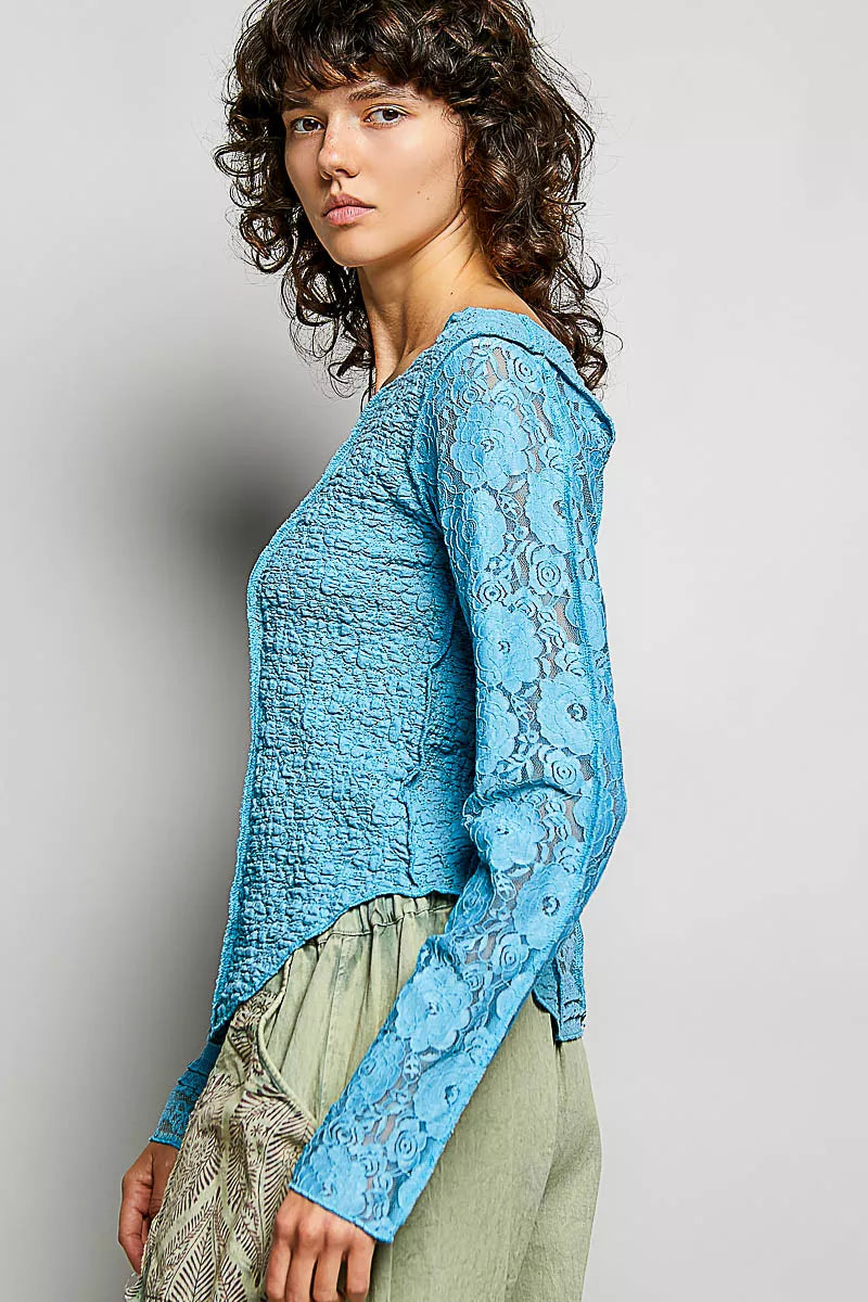 Round Neck Long Sleeve Exposed Seam Top with Lace Detail