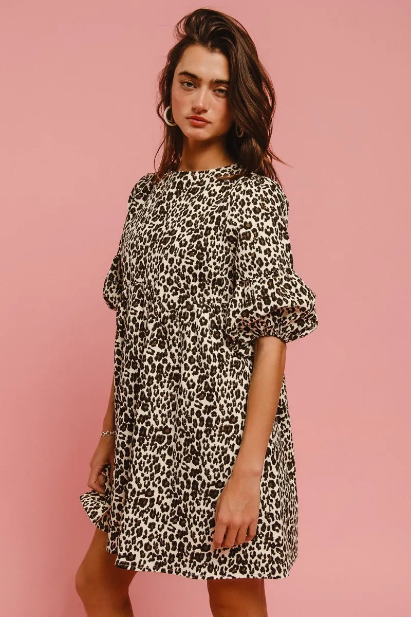 Leopard Denim Dress With Back Contrast Tie Detail