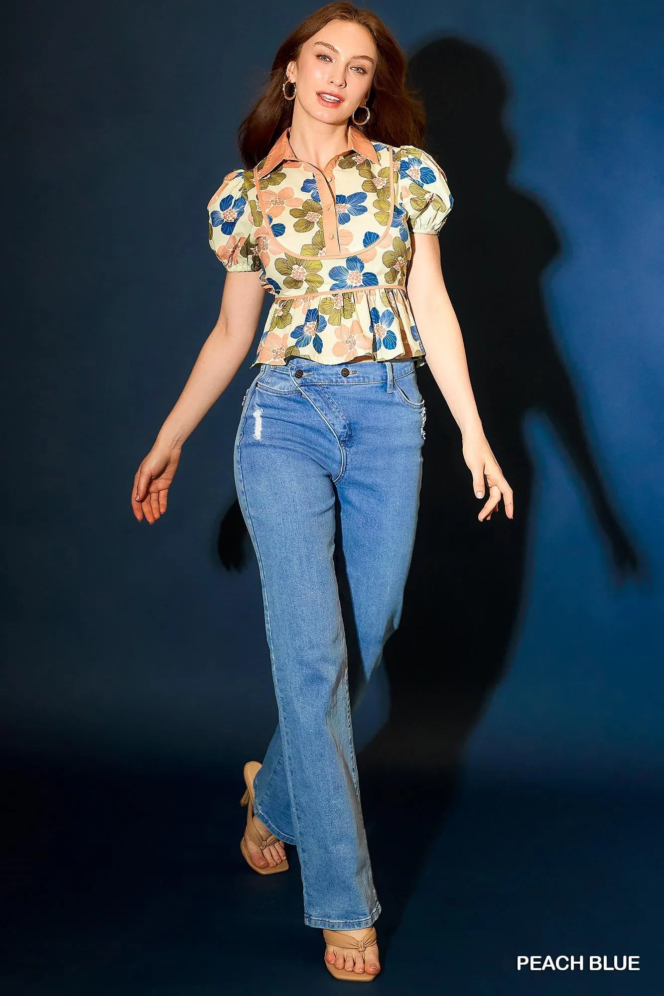 Floral Print Puff Sleeve Cropped Blouse