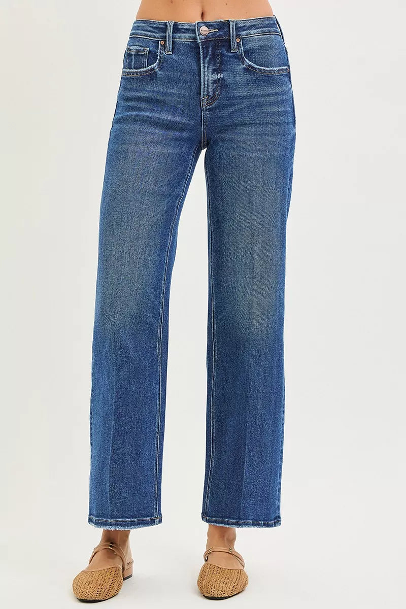 Tummy Control High Rise Ankle Straight Jeans with Crease Line