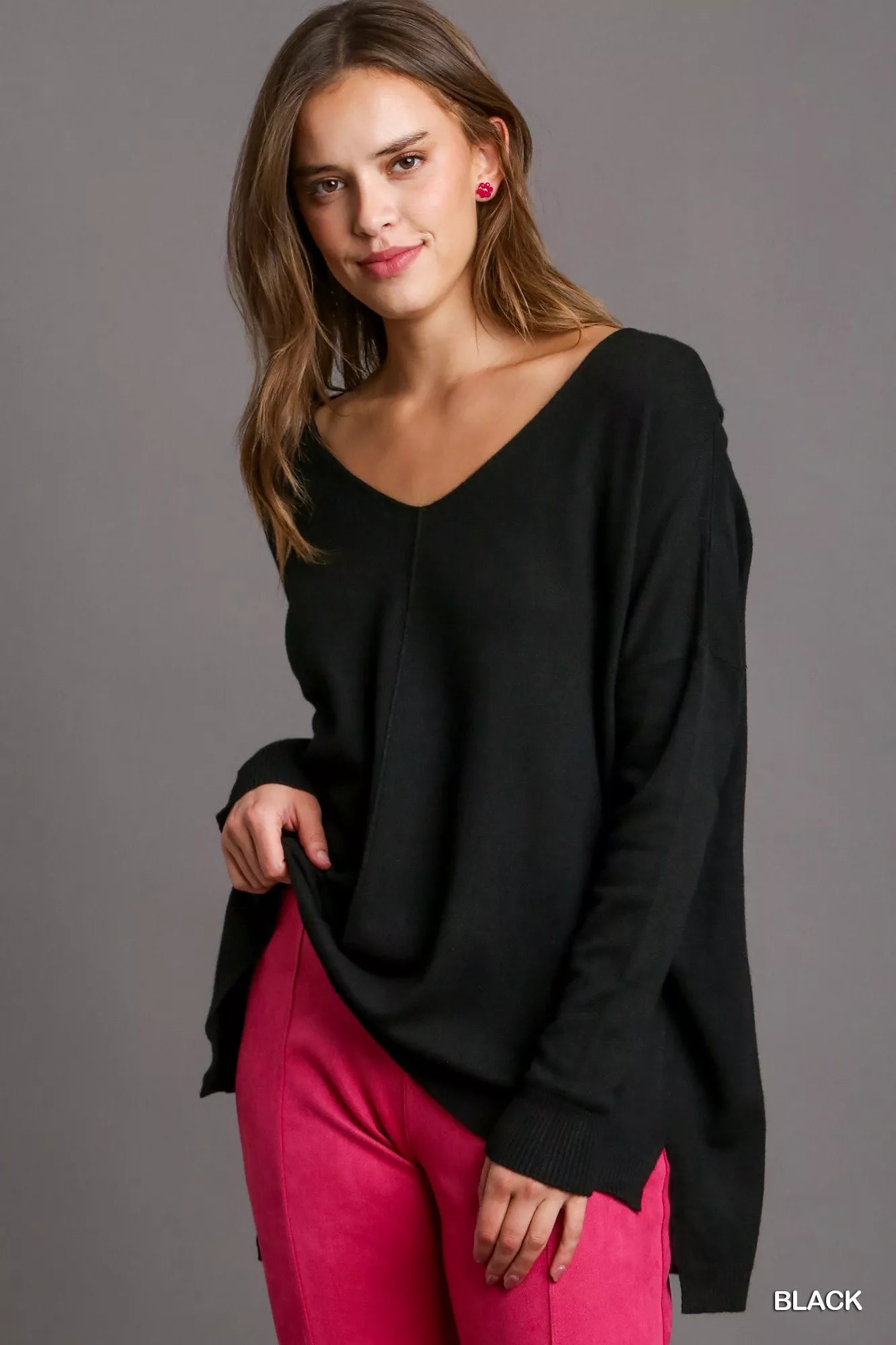 V-Neck High Low Hem Knit Top with Side Slit