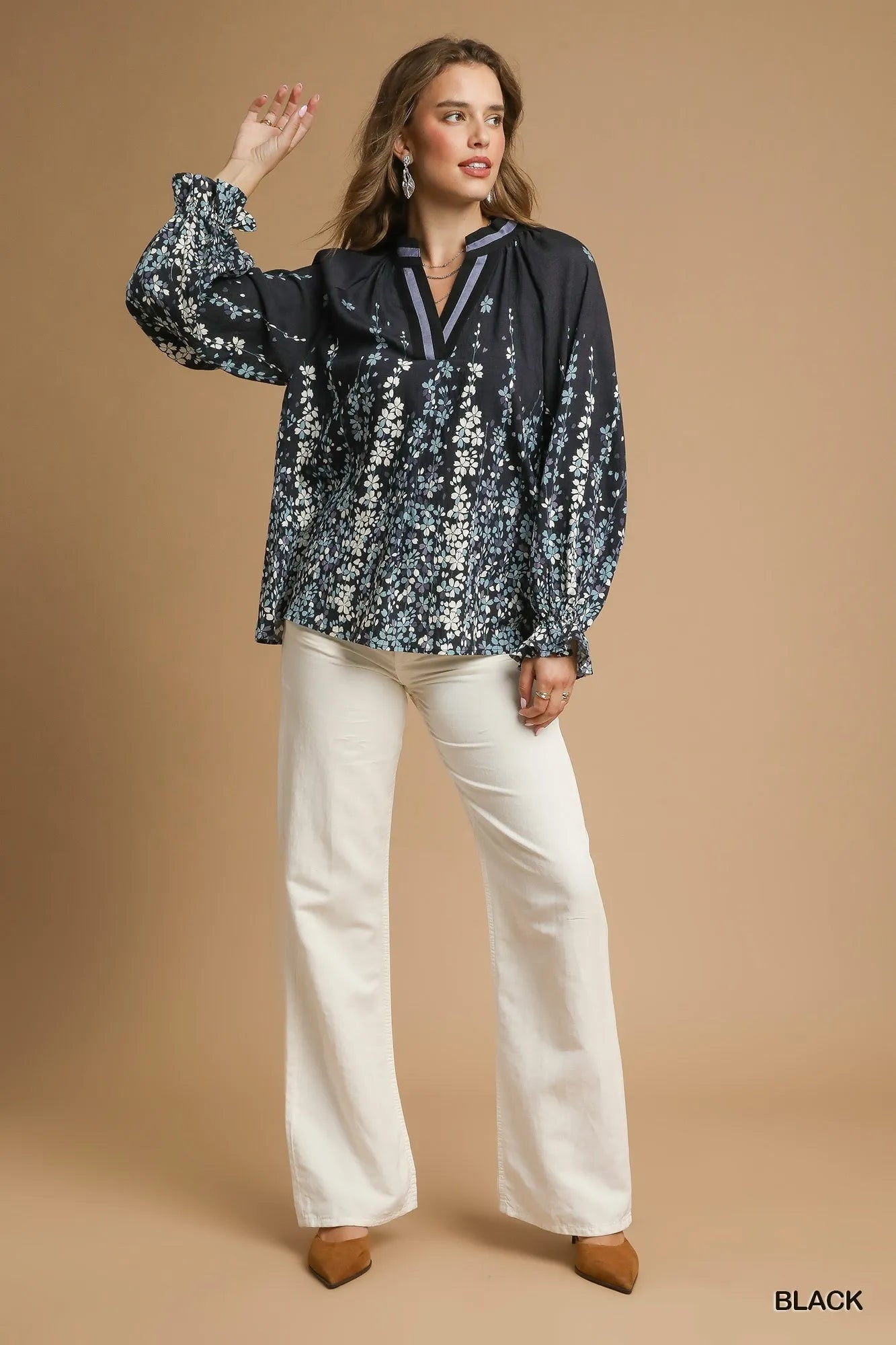 Full Size Floral Vine Print Blouse with Balloon Sleeves Plus Size