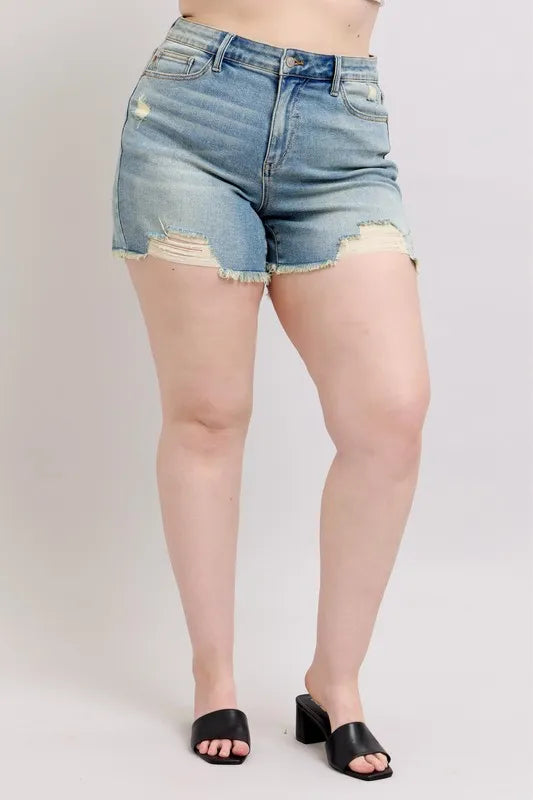 Plus Size High Rise Washed Fly Stitch Detail and Destroy Denim Shorts