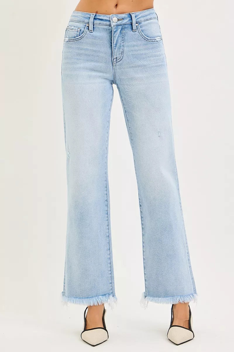 Tummy Control Mid Rise Ankle Straight Fray Hem Jeans