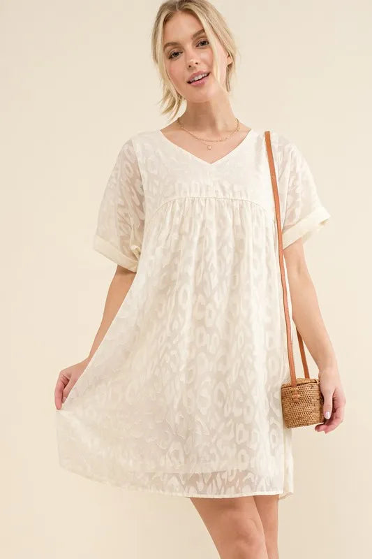 Woven Leopard Baby Doll Roll-Sleeve Casual Dress