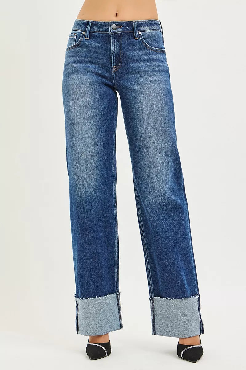 Mid Rise Wide Straight Jeans With Wide Cuff