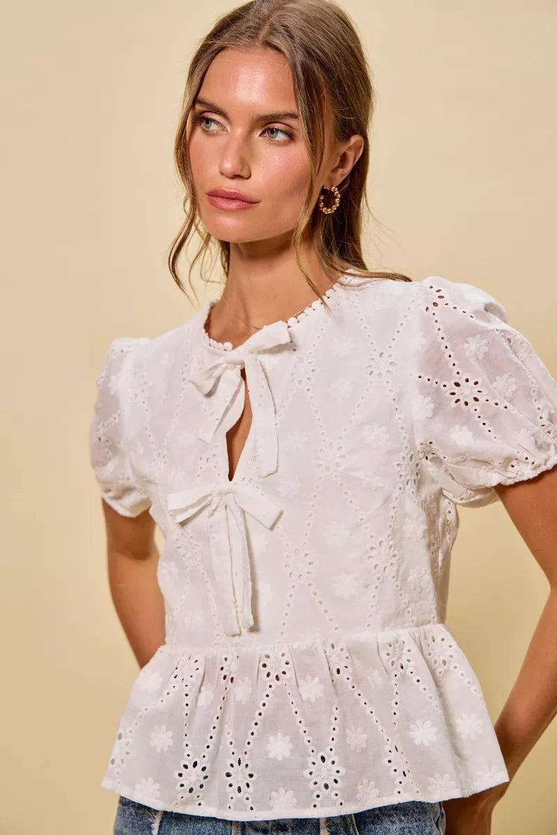 Cotton Eyelet Front Tie Short Sleeves Blouse