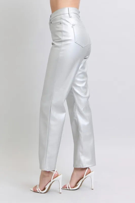 Full Size High Waist Silver Faux Leather Pants Plus Size