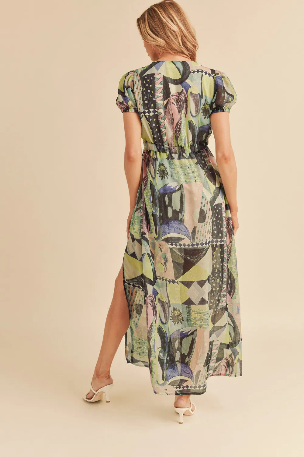 Lace Detail Slit Geometric Print Short Sleeve Maxi Dress