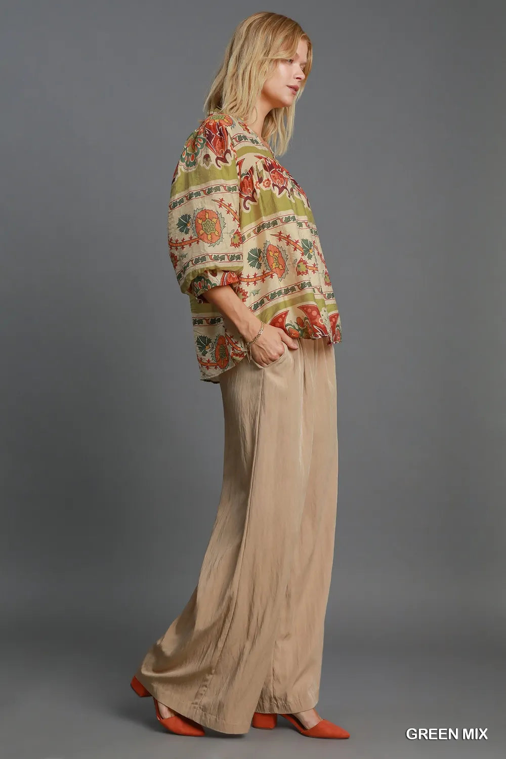 Full Size Border Print Notched 3/4 Puff Sleeve Blouse Plus Size