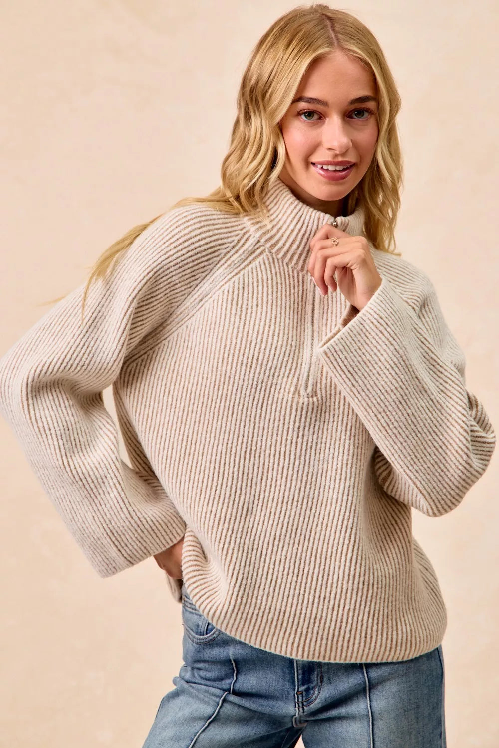 Two Tone Rib Texured Knit Collared Top with Zip Up