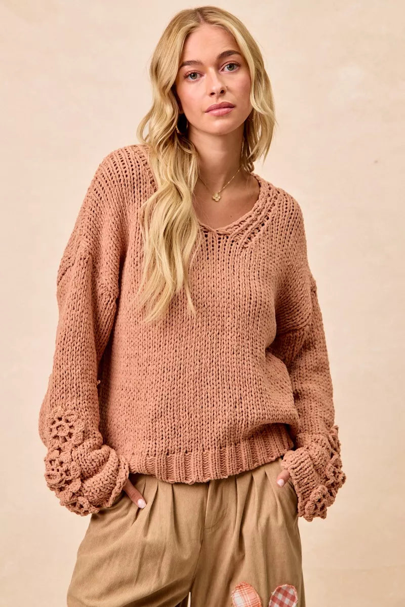Chunky Knit Sweater with Flower Detail Sleeves