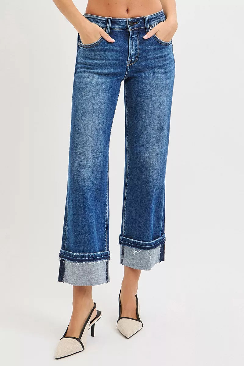 Mid Rise Ankle Straight Jeans with Cuffed Hem