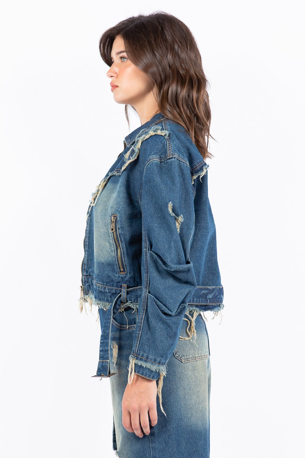 Full Size Distressed Frayed Edge Zip Up Denim Jacket Plus Size