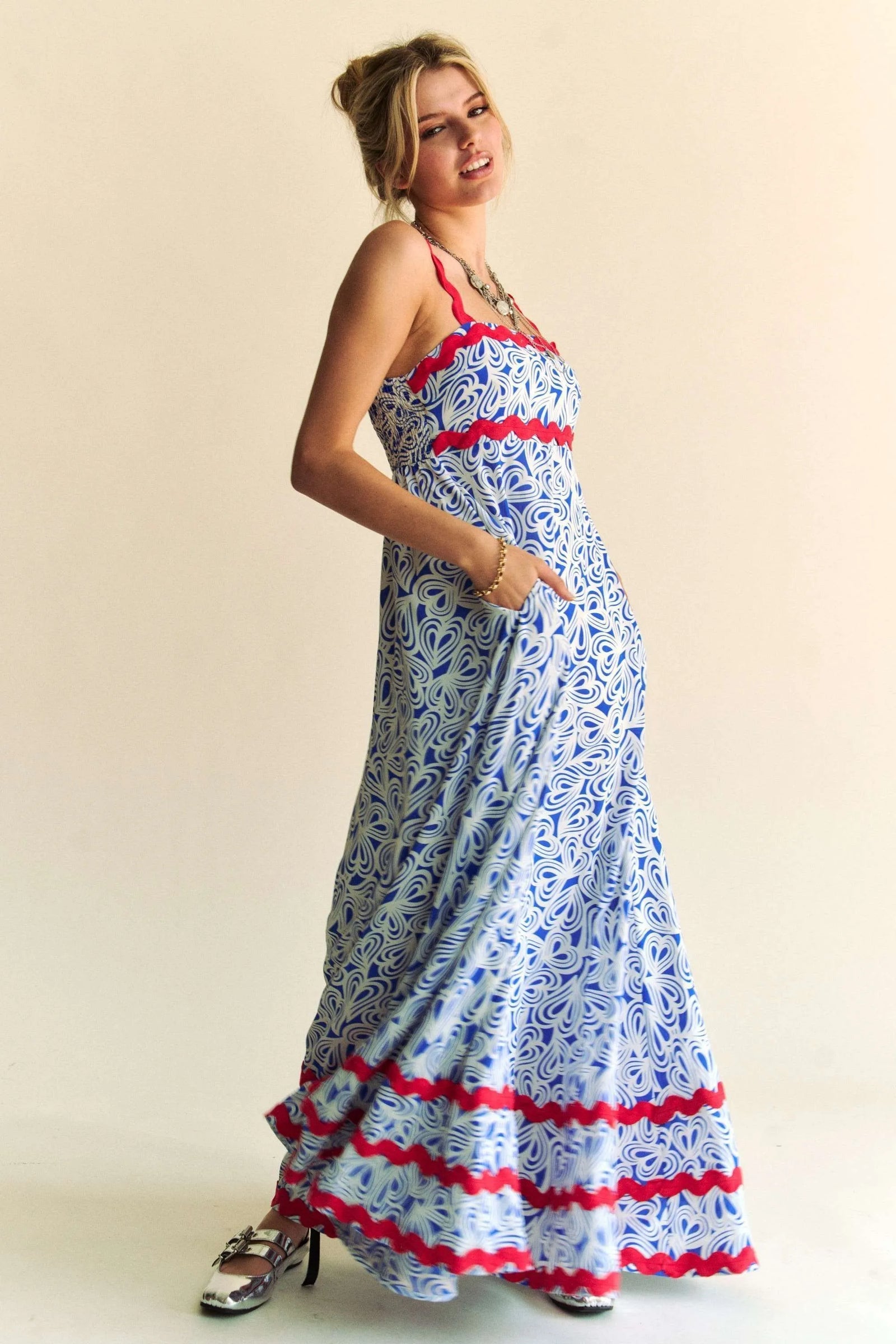 2 Tone Printed Wavi Trim Tiered Maxi Dress