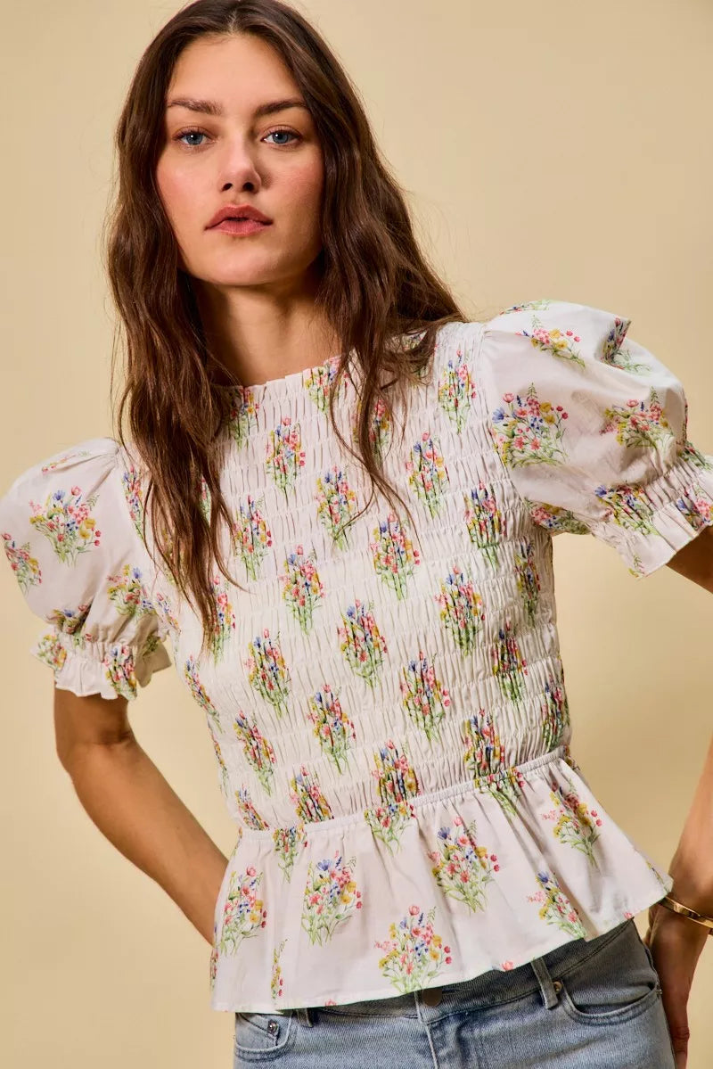 Floral Cotton Smocked Short Sleeves Blouse