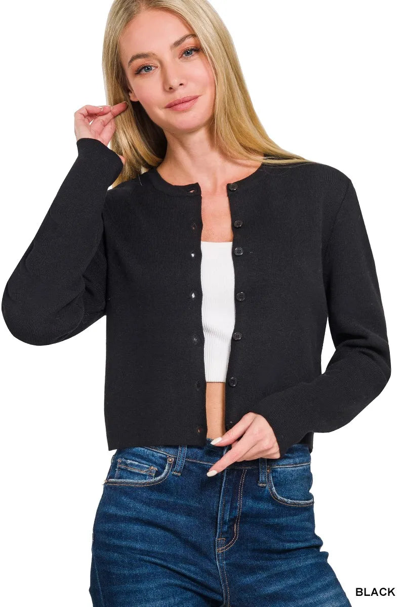 Button-Front Crewneck Long Sleeve Cropped Cardigan