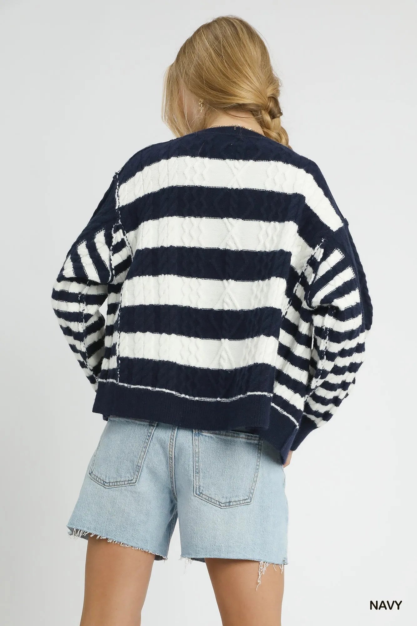 Cable-Knit Stripe Button-Up Cardigan