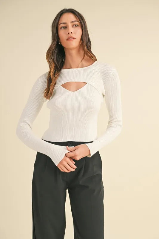 Cut Out Long Sleeve Ribbed Knit Top