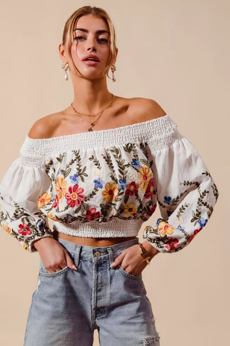 Floral Embroidered Off The Shoulder Crop Top