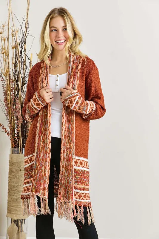 Full Size Fringe Hem Aztec Border Cardigan Plus Size