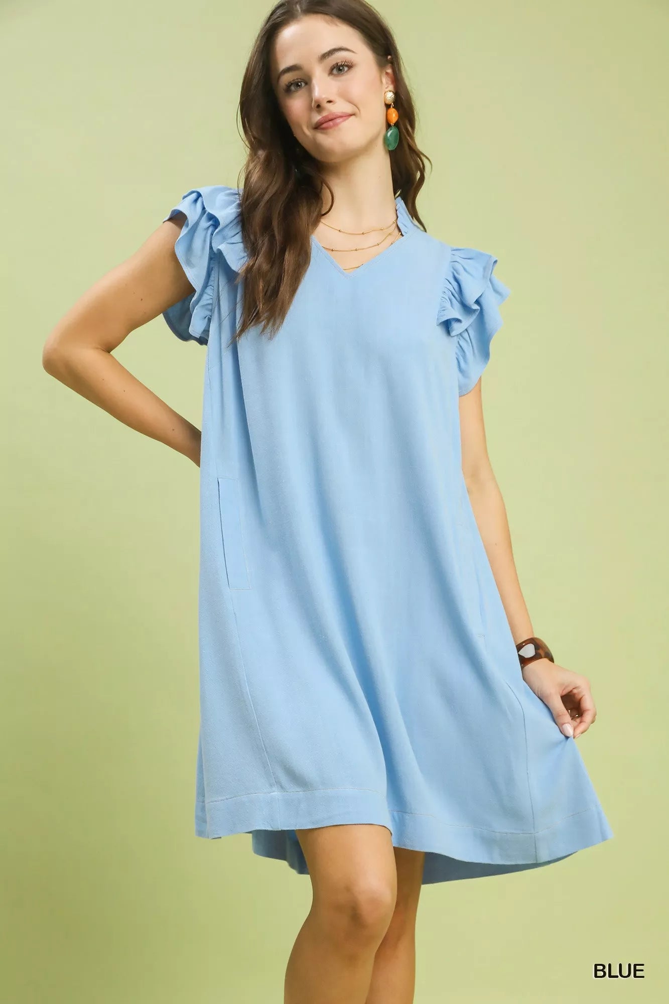Linen Flutter Sleeve Shift Dress with Pockets