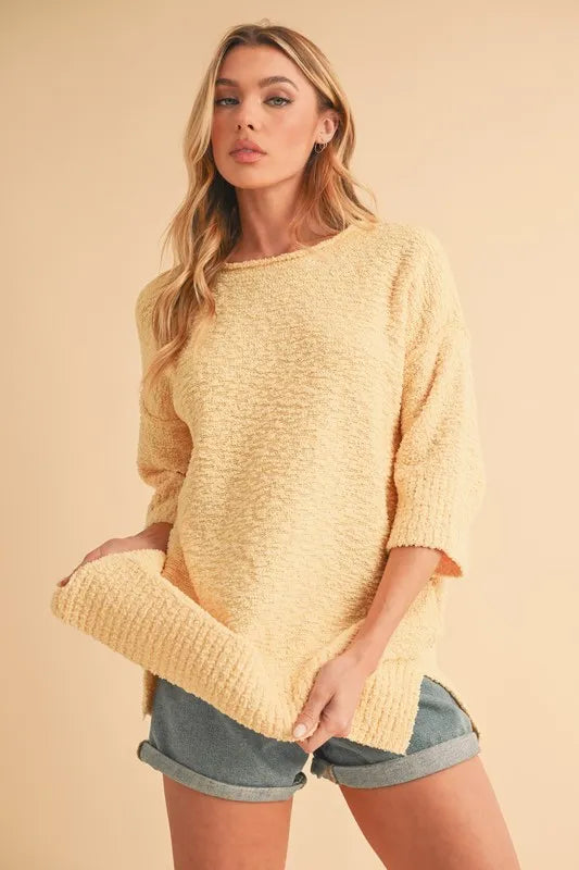 Side Slit Ribbed Hem Round Neck Sweater