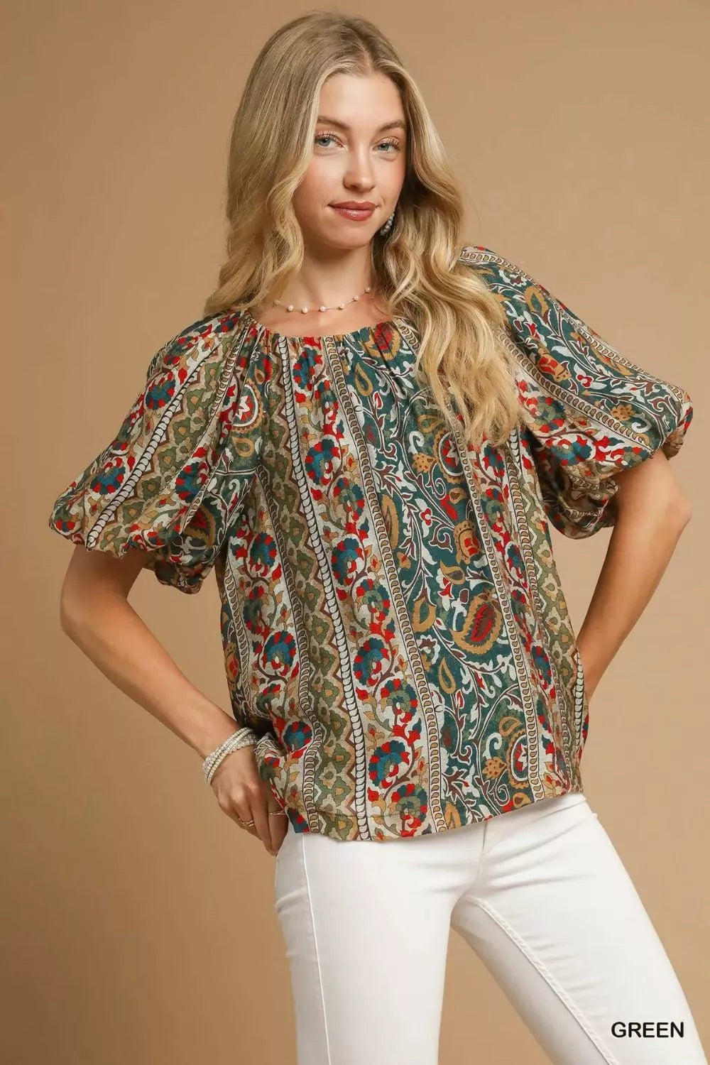 Boho Floral Stripe Puff Sleeve Blouse