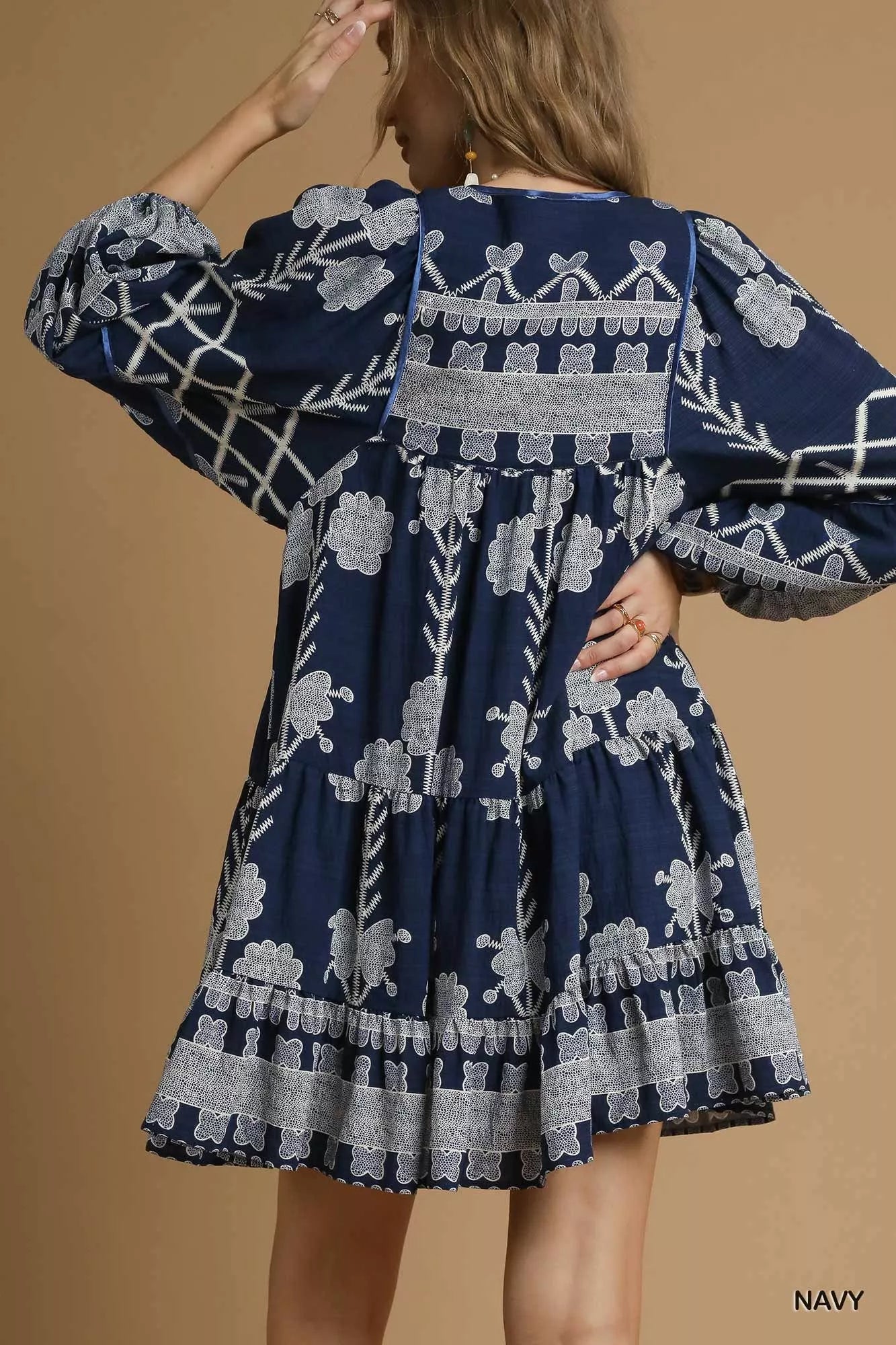 Tribal Print Dress with Tie Neck