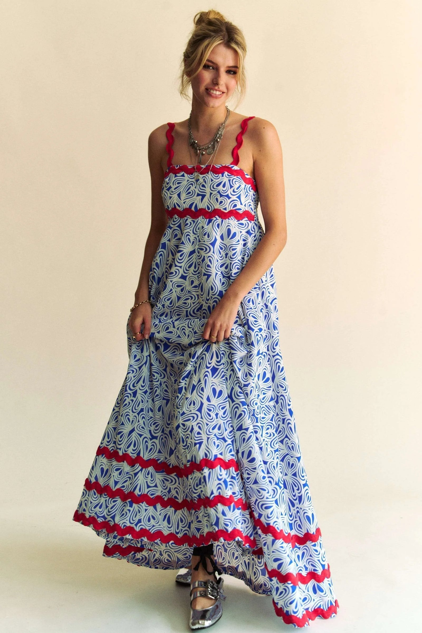 2 Tone Printed Wavi Trim Tiered Maxi Dress