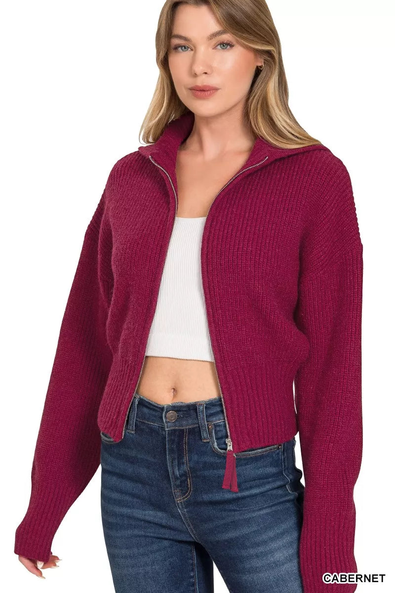 Ribbed Collared Zip Up Sweater Cardigan